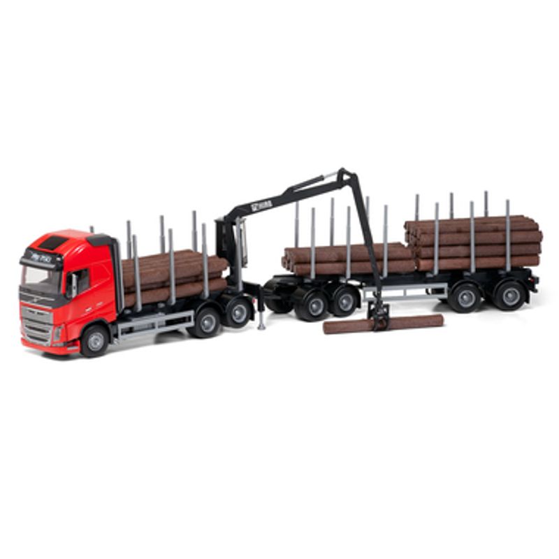 EMEK LASTEBIL VOLVO FH16/750 RØD TØMMERBIL MED HENGER OG KRAN, 1