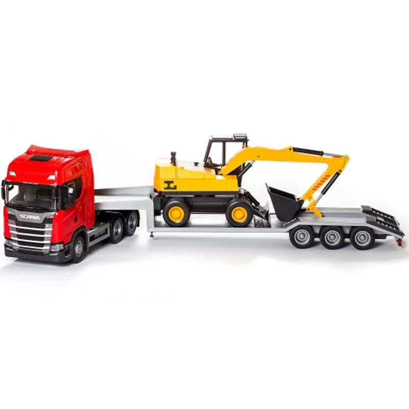 EMEK LASTEBIL SCANIA TREKKVOGN S-650 MED MASKINSEMI OG GRAVEMASKIN, RØD 1:25